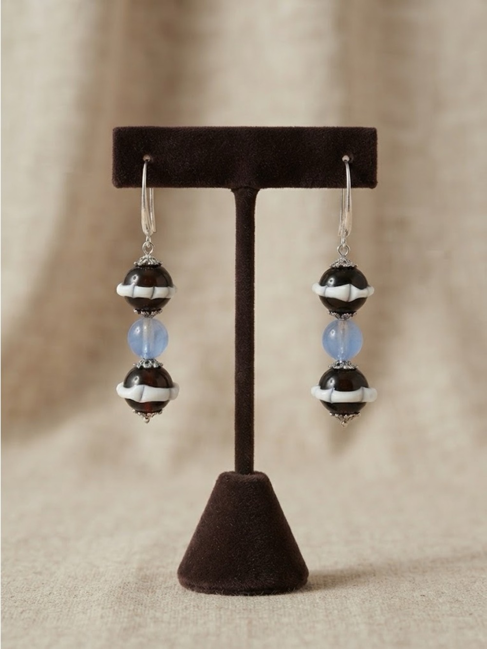 Handmade Black Lampwork & Light Blue Glass Bead Drop Earrings 🧁